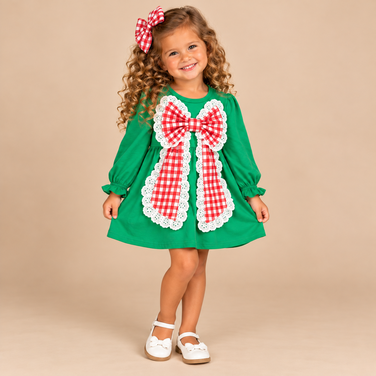 Girl wearing a green long-sleeve Christmas dress with an oversized red-and-white gingham bow, white eyelet trim, and ruffled cuffs.