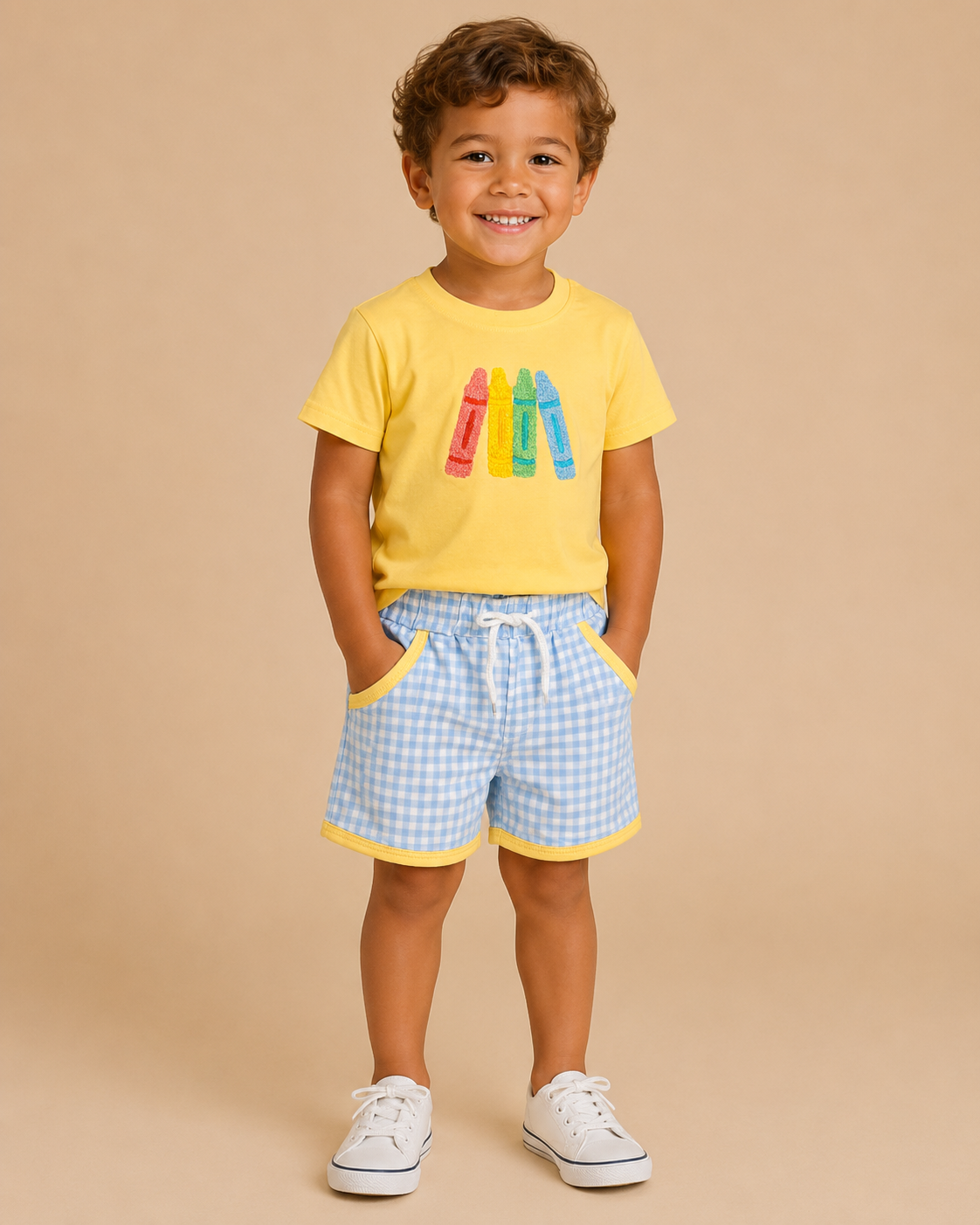 Color Me Cool Boy Short Set — yellow crayon tee with blue gingham shorts and yellow trim
