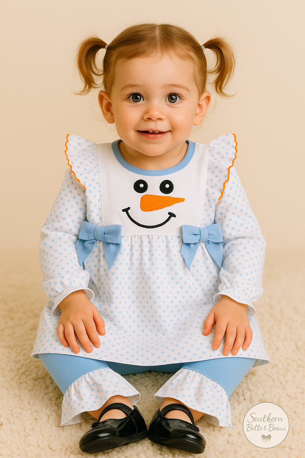  The light blue polka-dot fabric feels soft and cozy, while the bright orange ruffle trim.