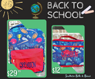 Back to school promotional image with backpacks and lunch bags, featuring 'Southern Belle & Beaus' branding.