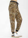Leopard print pants worn by a person, with a focus on the lower half of the body.