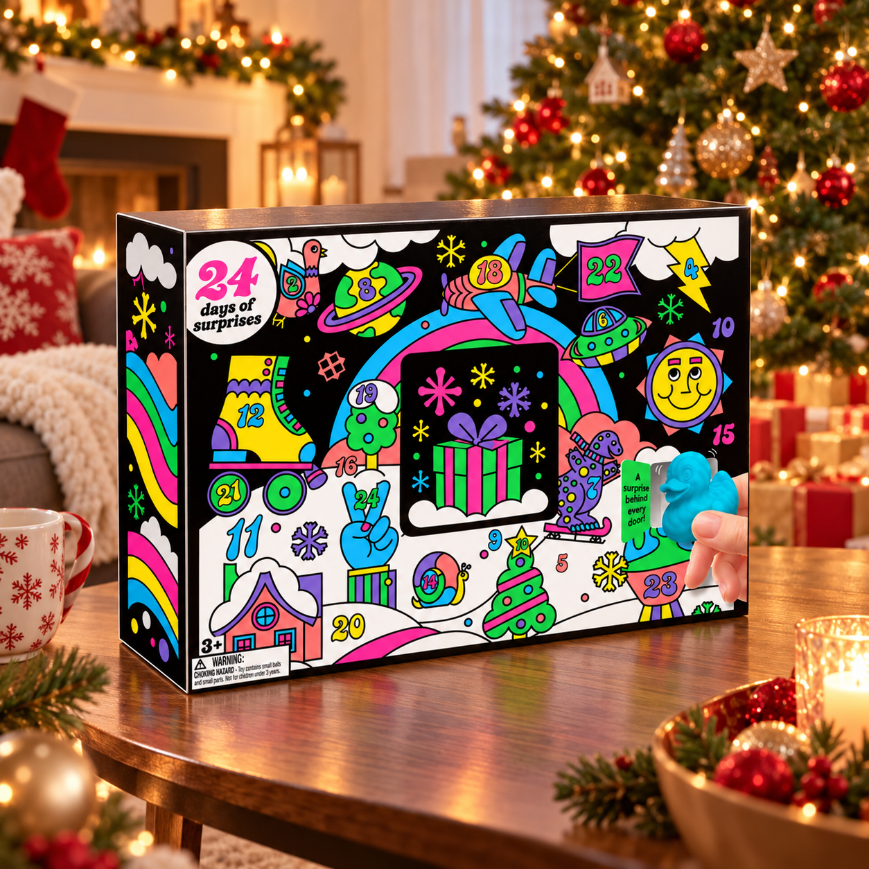 A colorful advent calendar box with 24 numbered windows and whimsical illustrations, displayed on a wooden table in a cozy, decorated Christmas living room.