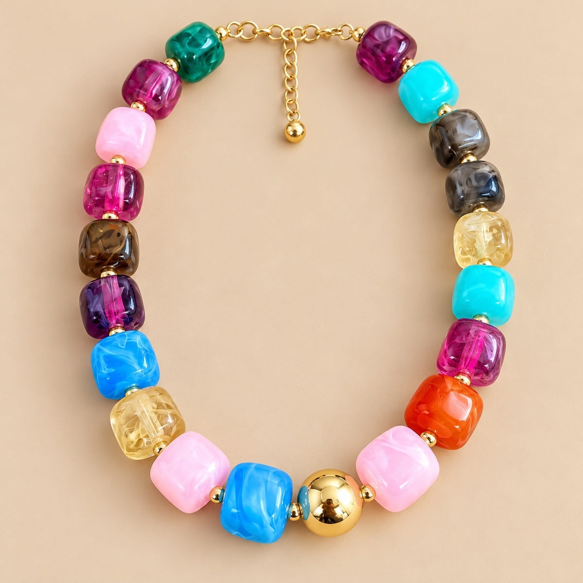  Candy Mix Cube Bead Necklace is a women's multicolor beaded statement necklace.