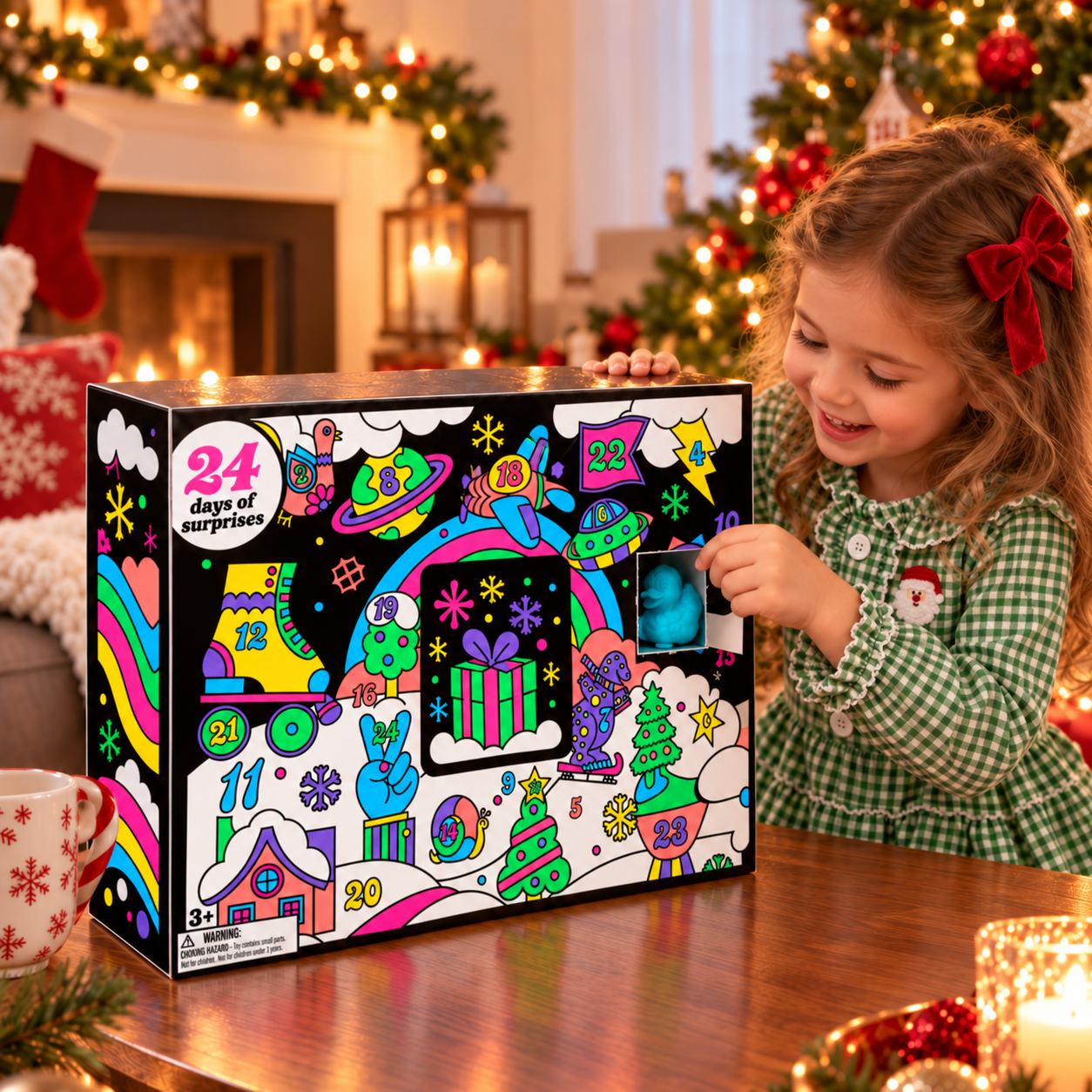 A young girl in a green checkered pajama shirt opens a colorful '24 Days of Surprise' advent box on a wooden table, with a cozy Christmas living room background.