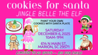 Promotional flyer for 'Cookies for Santa' event with characters and details on a pink background