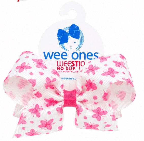 Wee Ones bow with pink butterfly pattern on a white background