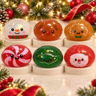 Christmas mystery squishy dumpling toys in six designs: snowman, gingerbread, reindeer, peppermint, Christmas tree, and Santa