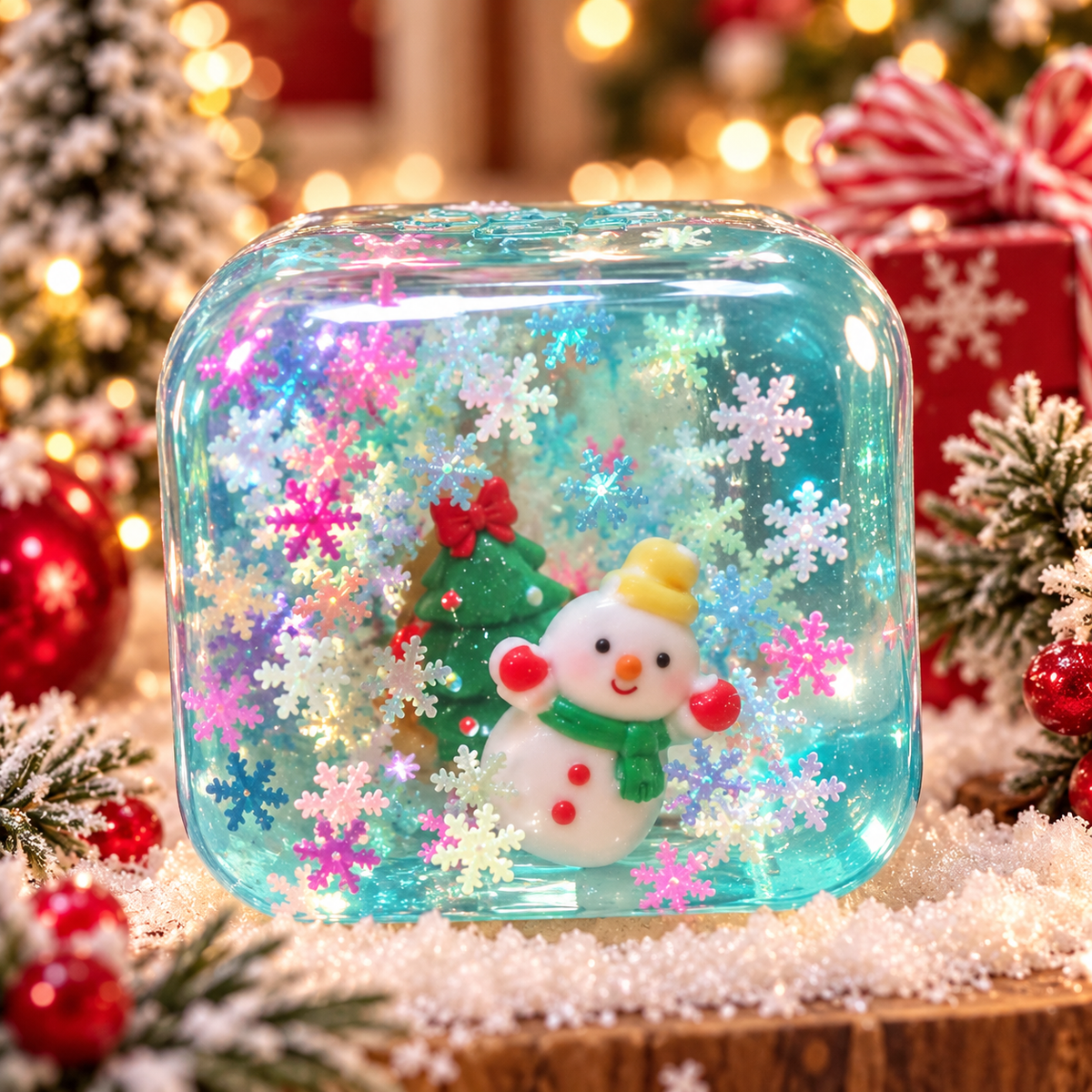 Christmas snow globe squishy cube with a snowman, Christmas tree, and snowflake confetti inside the gel