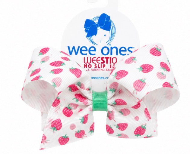 Hair bow with strawberry pattern and 'wee ones' branding on a white background