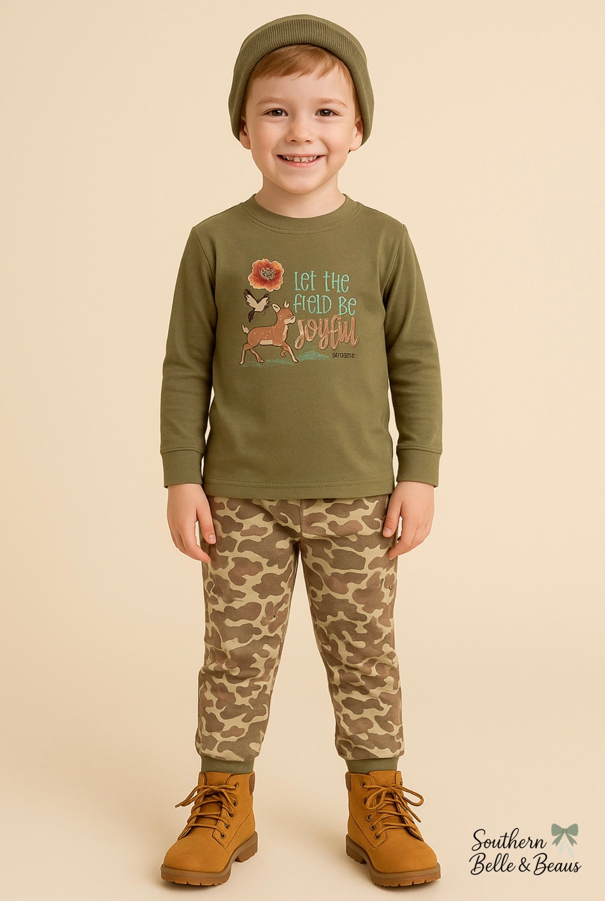 Olive-green long-sleeve with detailed embroidery (Psalm 96:12)