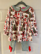 Vintage Christmas girls pant set with green gingham collar and red bows, part of the Little Christmas Shop collection.