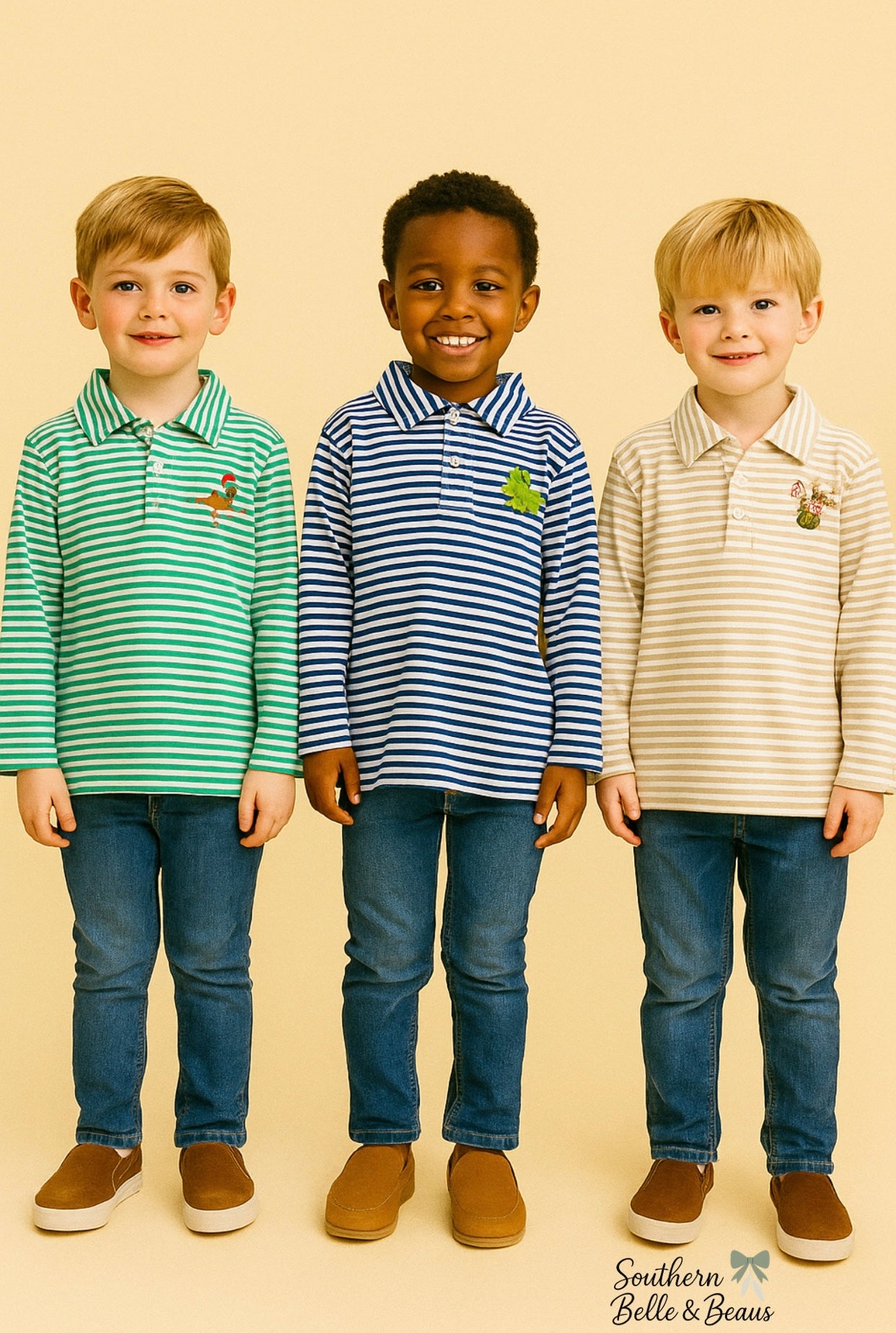 Three boys wearing striped long sleeve Christmas polos. 