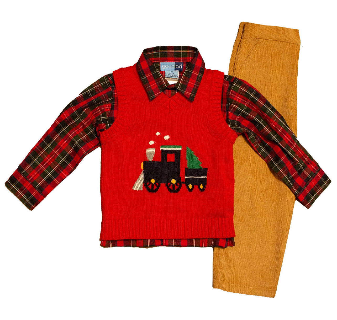 Vintage holiday children’s outfits featuring train-themed sweater vests, plaid shirts, and corduroy pants from the Belle & Beaus Express Christmas Collection.