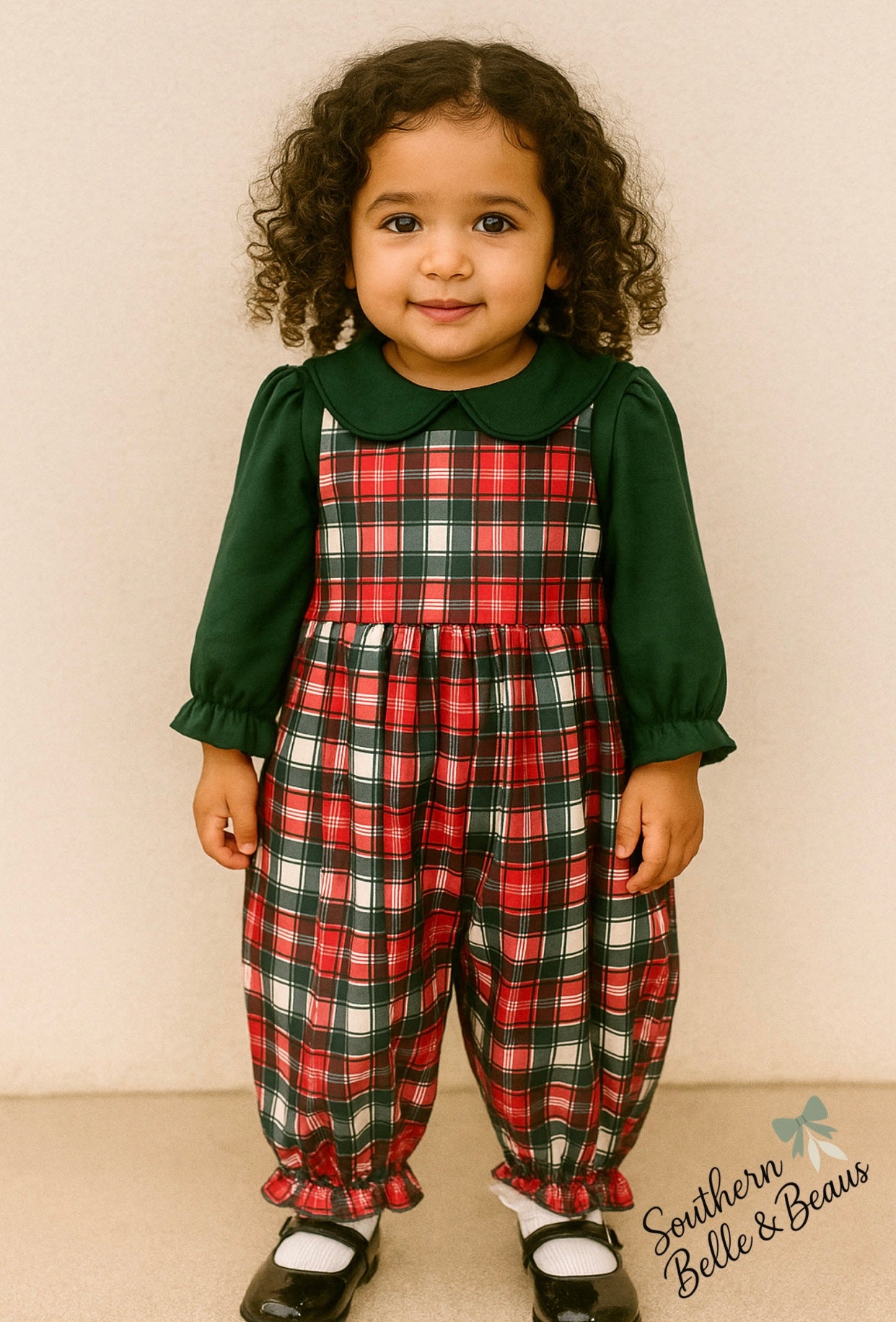 Forrest green long sleeve undershirt, Peter Pan collar, plaid romper.