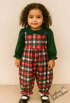 Forrest green long sleeve undershirt, Peter Pan collar, plaid romper.