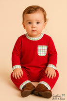 Red boys long sleeve romper with Christmas plaid pocket and plaid trim on sleeve, collar, and cuff