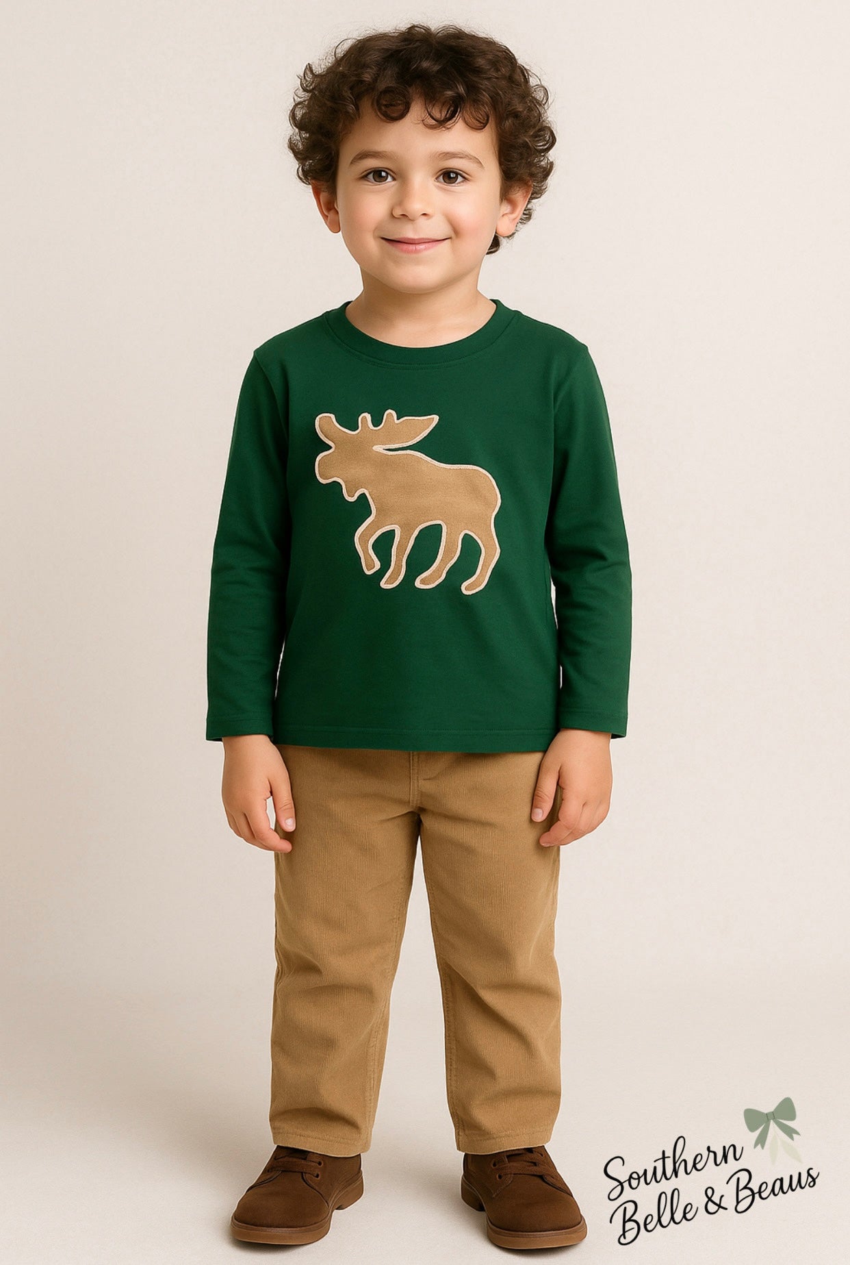 Green long sleeve shirt with corduroy moose appliqué and corduroy pants.