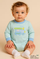 Baby boy mint striped bubble with blue gingham train applique and light blue trim — Tiny Tracks Bubble