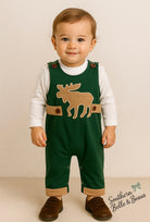 Green longalls with buttons, corduroy moose appliqué and snaps for easy accessibility. 