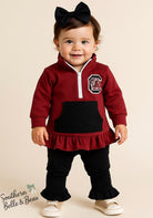 classic garnet color with an embroidered Gamecock logo, this soft quarter-zip pullover.