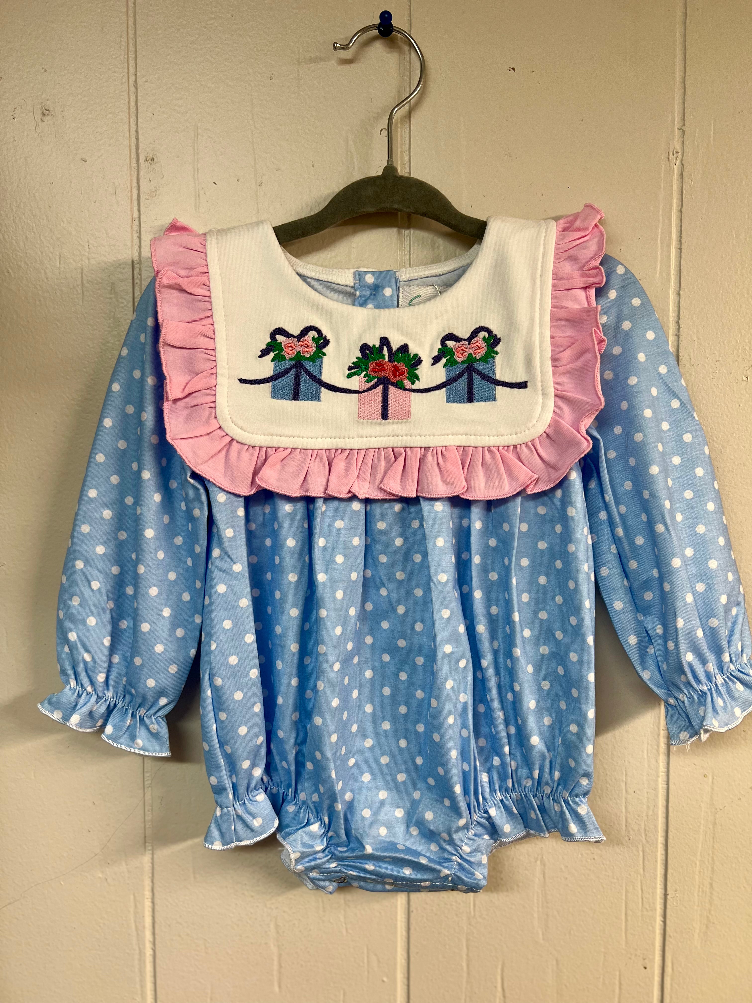 Blue polka dot baby bubble with pink ruffles and embroidered gift boxes — Wrapped With Love Collection .