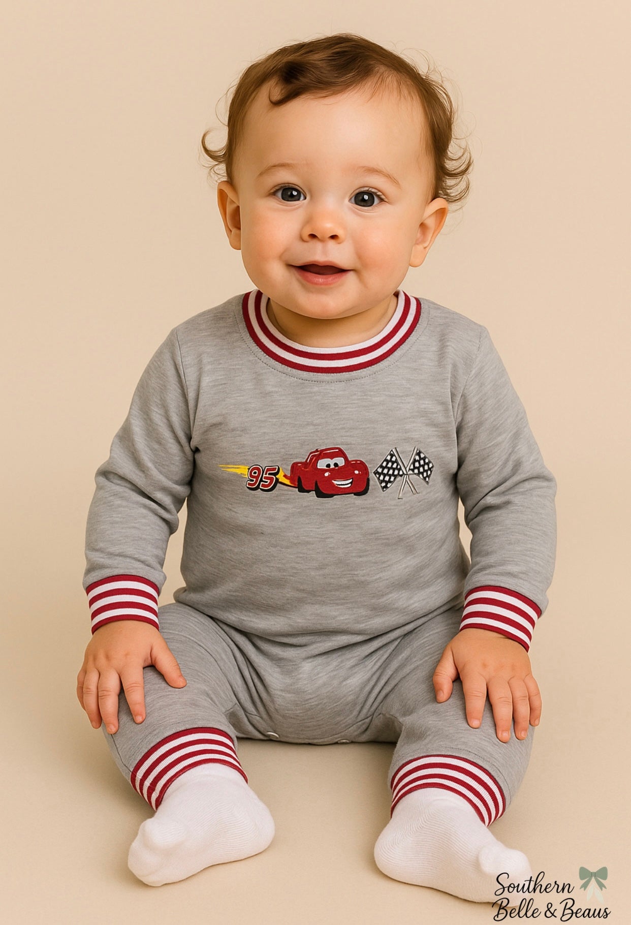 Grey romper with Lightning McQueen, 95 flame, and checkered flag embroidery