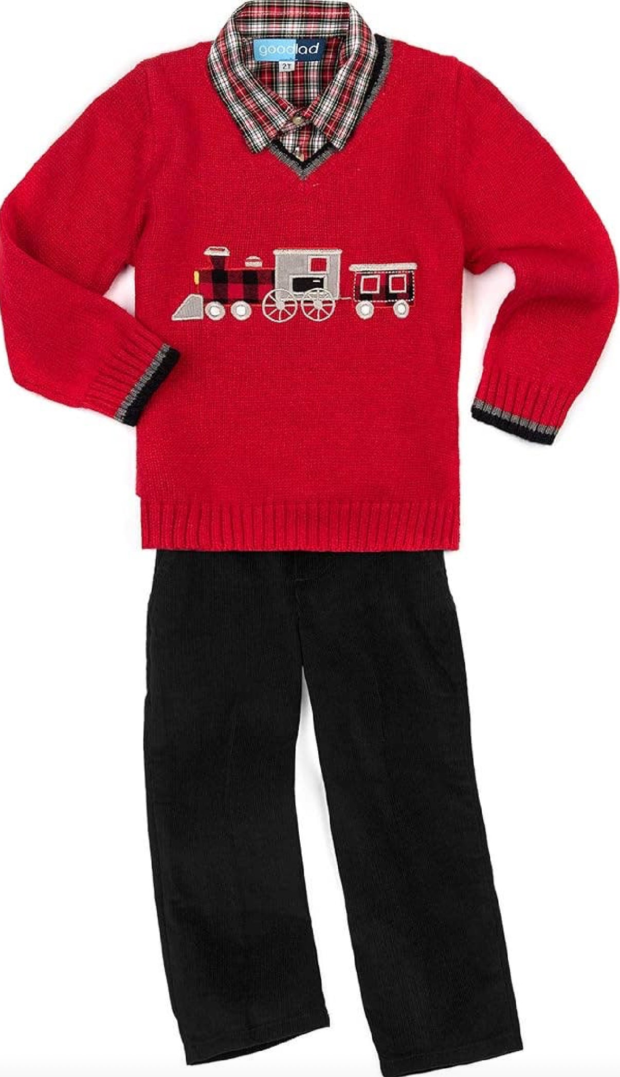 Red knit train sweater with plaid shirt and black corduroy pants — Conductor’s Cabin boys Christmas set.