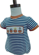 Baby boy smocked bubble with navy stripes and pumpkin patch panel