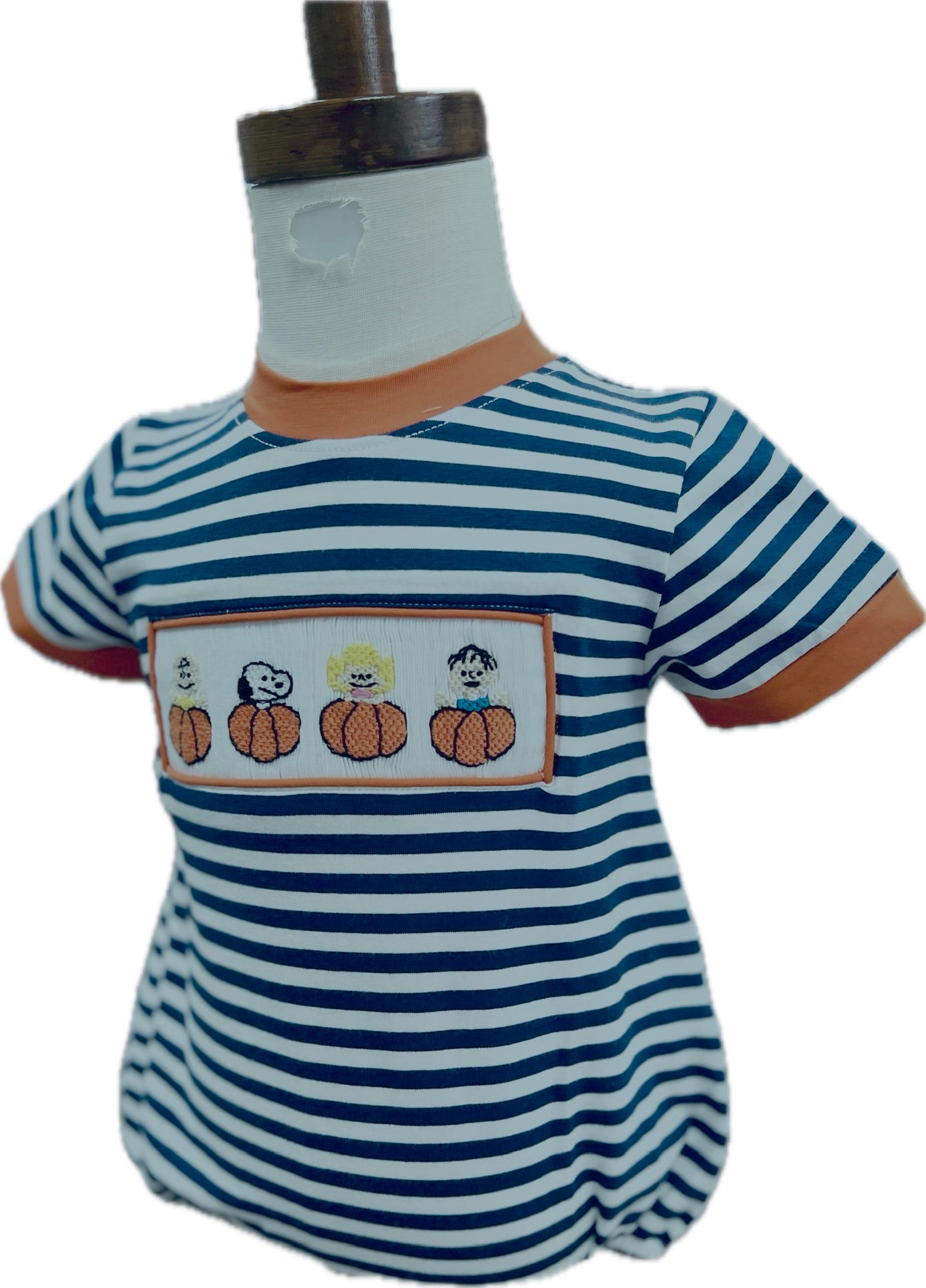 Baby boy smocked bubble with navy stripes and pumpkin patch panel