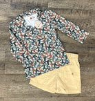 A long-sleeved camouflage polo shirt for boys featuring a bold pattern of flying ducks.