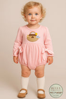 This darling pink bubble features an embroidered Noah’s Ark with sunny details, a rainbow of promise, and the sweetest little animals