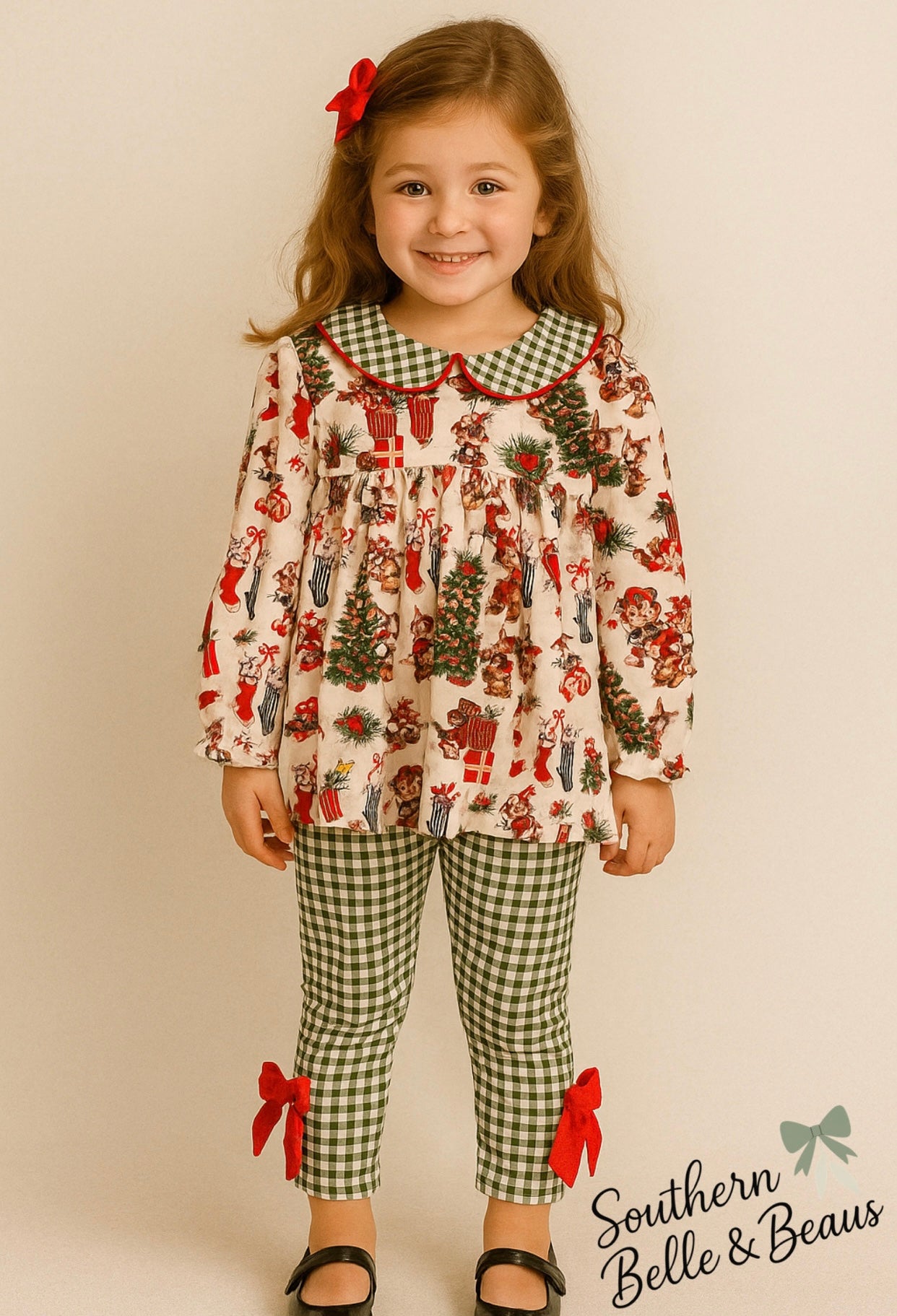 Festive vintage Christmas print tunic top with gingham pants.