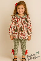 Festive vintage Christmas print tunic top with gingham pants.