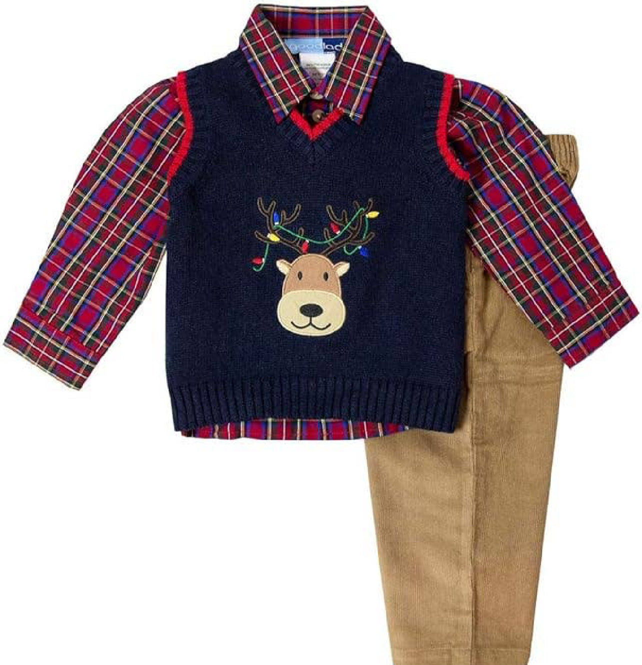Boys' Christmas outfit with navy reindeer sweater vest, red plaid shirt, and tan corduroy pants – Rowdy Reindeer Set.