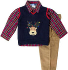 Boys' Christmas outfit with navy reindeer sweater vest, red plaid shirt, and tan corduroy pants – Rowdy Reindeer Set.