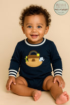 Baby boy navy bubble with embroidered Noah’s Ark, giraffes, rainbow and striped cuffs