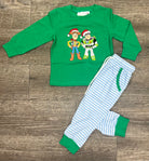 Boys Christmas set with green top featuring cowboy and space ranger characters in Santa hats from the To the North Pole & Beyond Collection by Southern Belle & Beaus.
