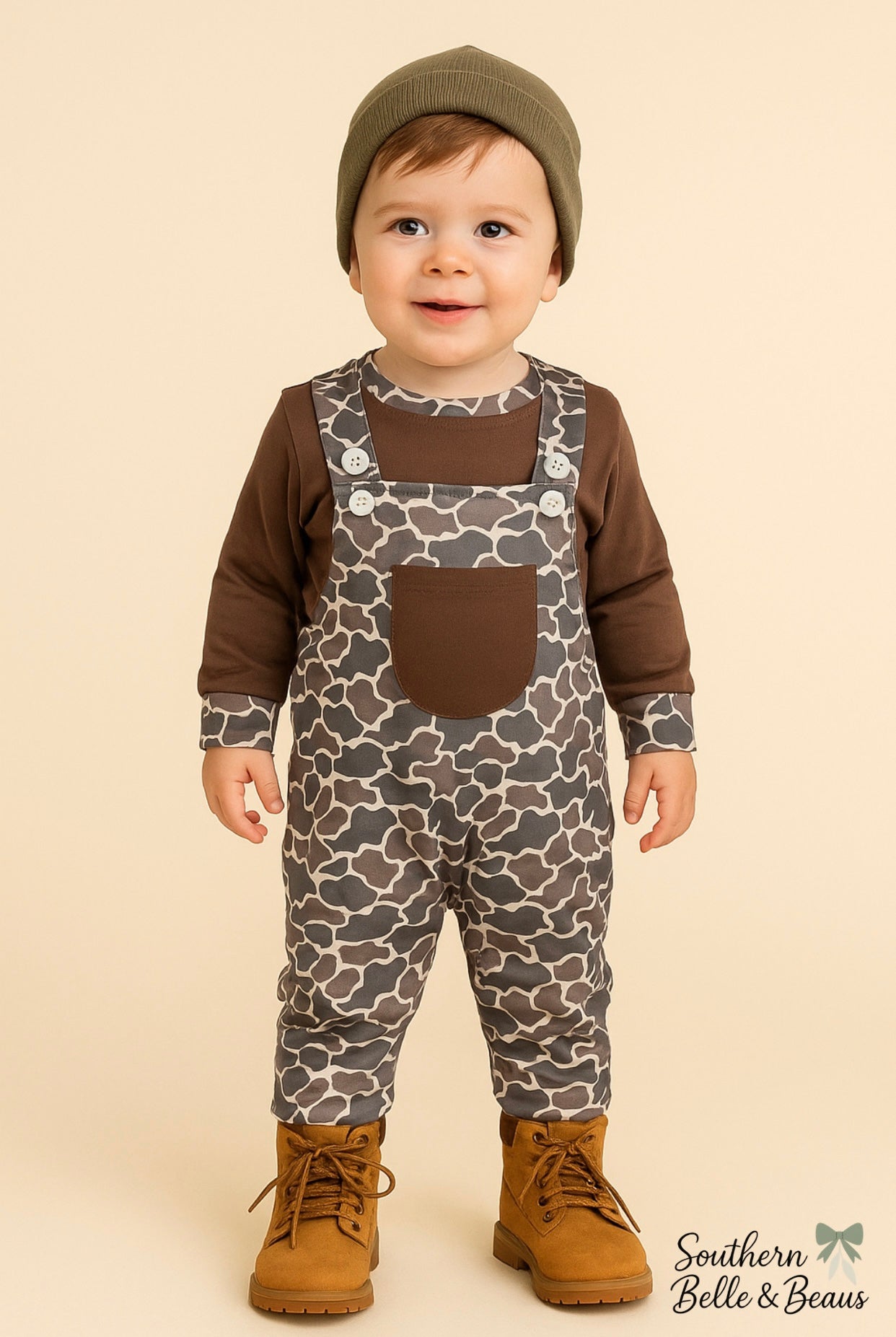 camo longalls feature a soft, breathable fabric, front kangaroo pocket in rich chocolate brown.