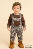 camo longalls feature a soft, breathable fabric, front kangaroo pocket in rich chocolate brown.