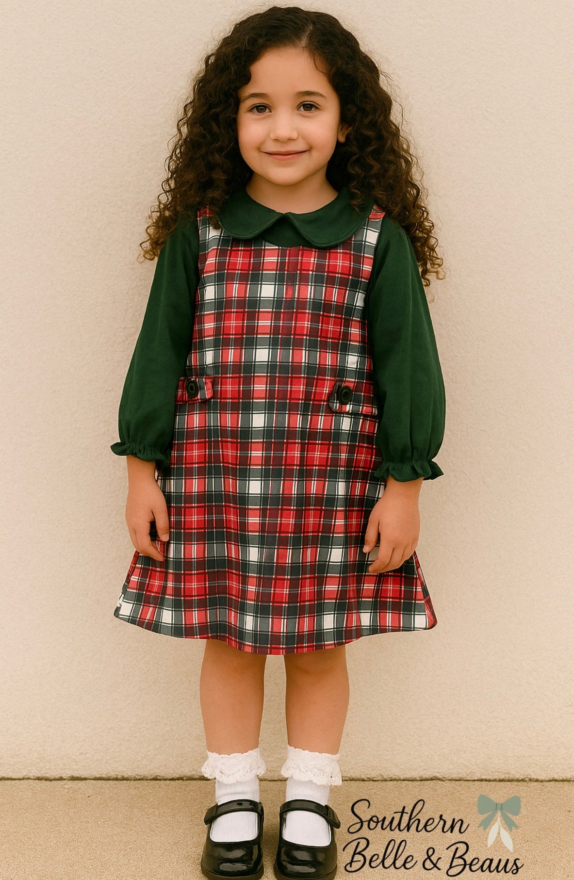 Long sleeve Forrest green undershirt with Peter Pan collar and plaid dress. 