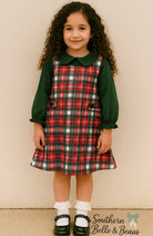 Long sleeve Forrest green undershirt with Peter Pan collar and plaid dress. 