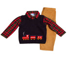 Boys’ Christmas outfit featuring a navy vest with a red train applique, red plaid button-down shirt, and tan corduroy pants.