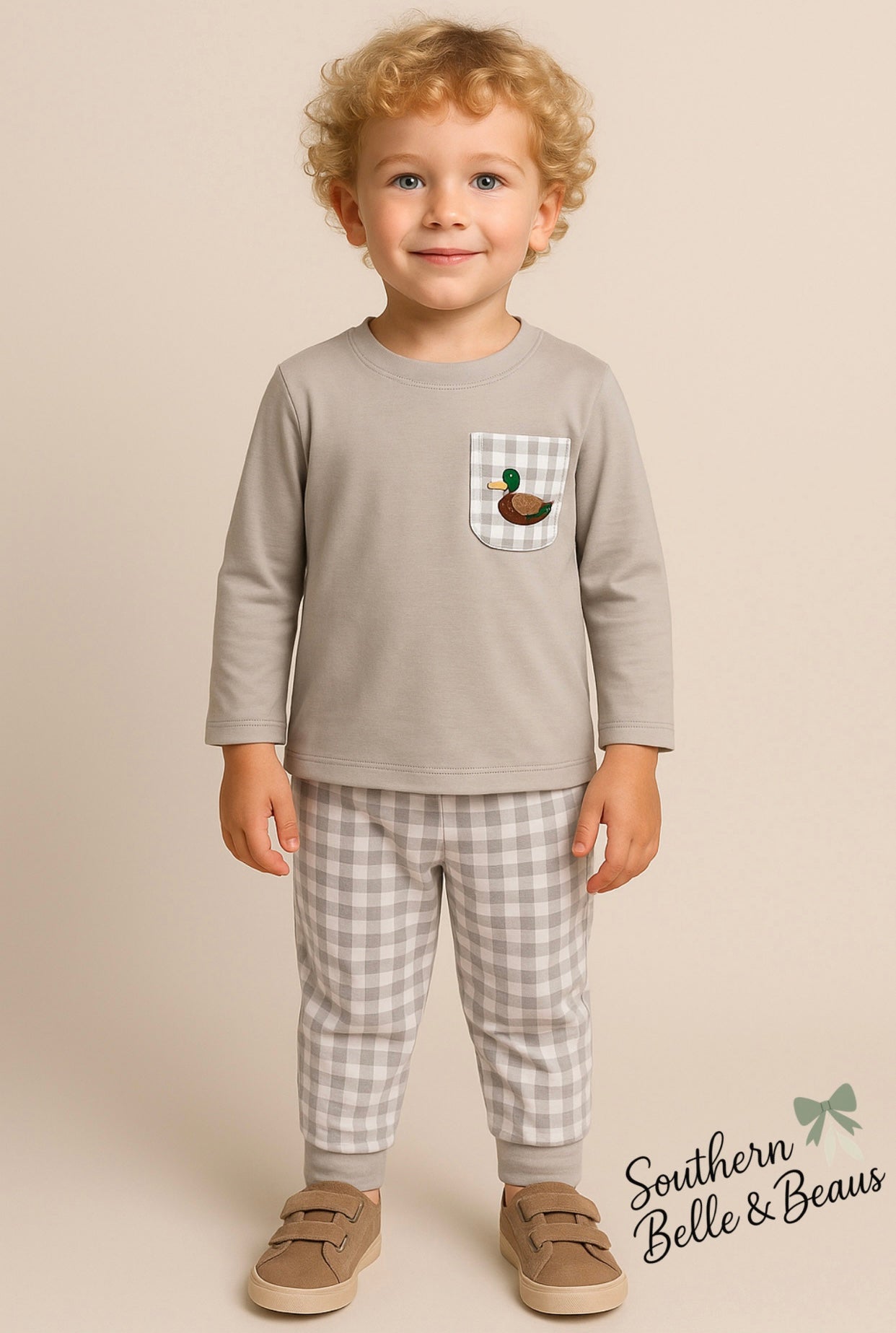 Gray long sleeve shirt with a Mallard duck on the pocket, gingham joggers . 