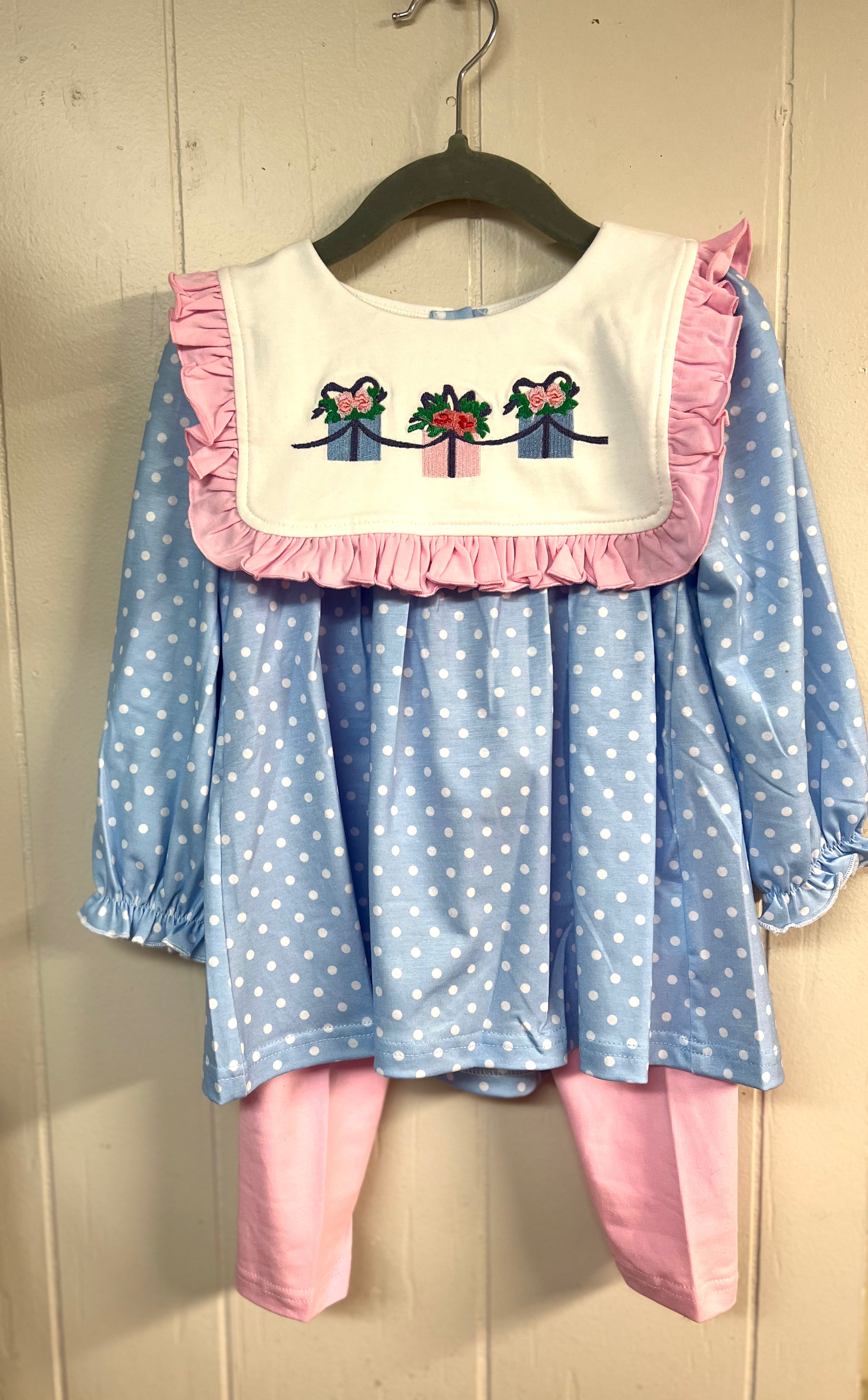 Blue polka dot girls pant set with pink pants and embroidered gift boxes on the collar — Wrapped With Love Collection