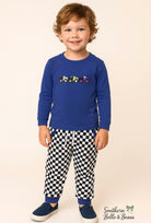 Ready to race! The Big Pit Stop Racer jogger set features a monster truck top and checkered joggers with pockets, elastic waistband, and drawstring.