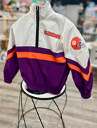 Clemson orange and purple kids windbreaker with white top and half-zip front — lightweight gameday pullover called Tigertown Throwback