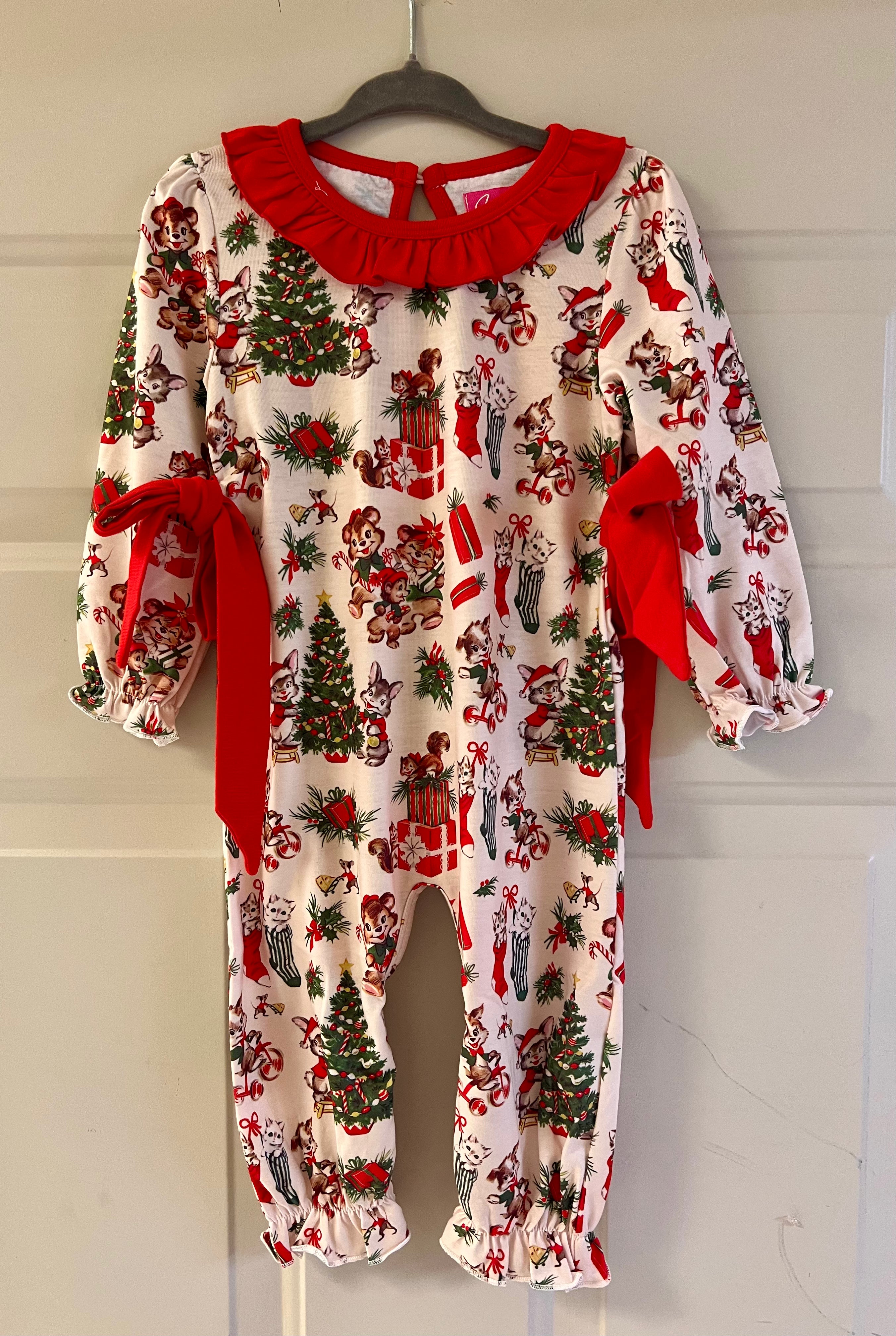 Vintage Christmas baby romper with red ruffle neckline and sleeve bows, part of the Little Christmas Shop collection.
