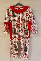 Vintage Christmas baby romper with red ruffle neckline and sleeve bows, part of the Little Christmas Shop collection.