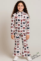 Garnet, black, and white Carolina-inspired print athletic set.