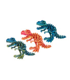 Three colorful dinosaur skeleton models on a white background
